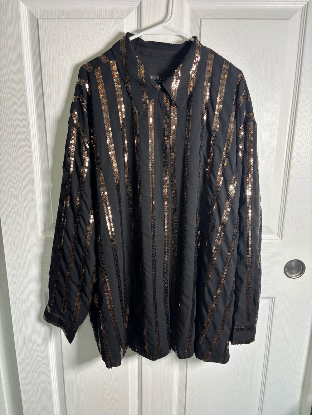ELOQUII Size 22 Black & Bronze Sequin Stripe Button Front Blouse
